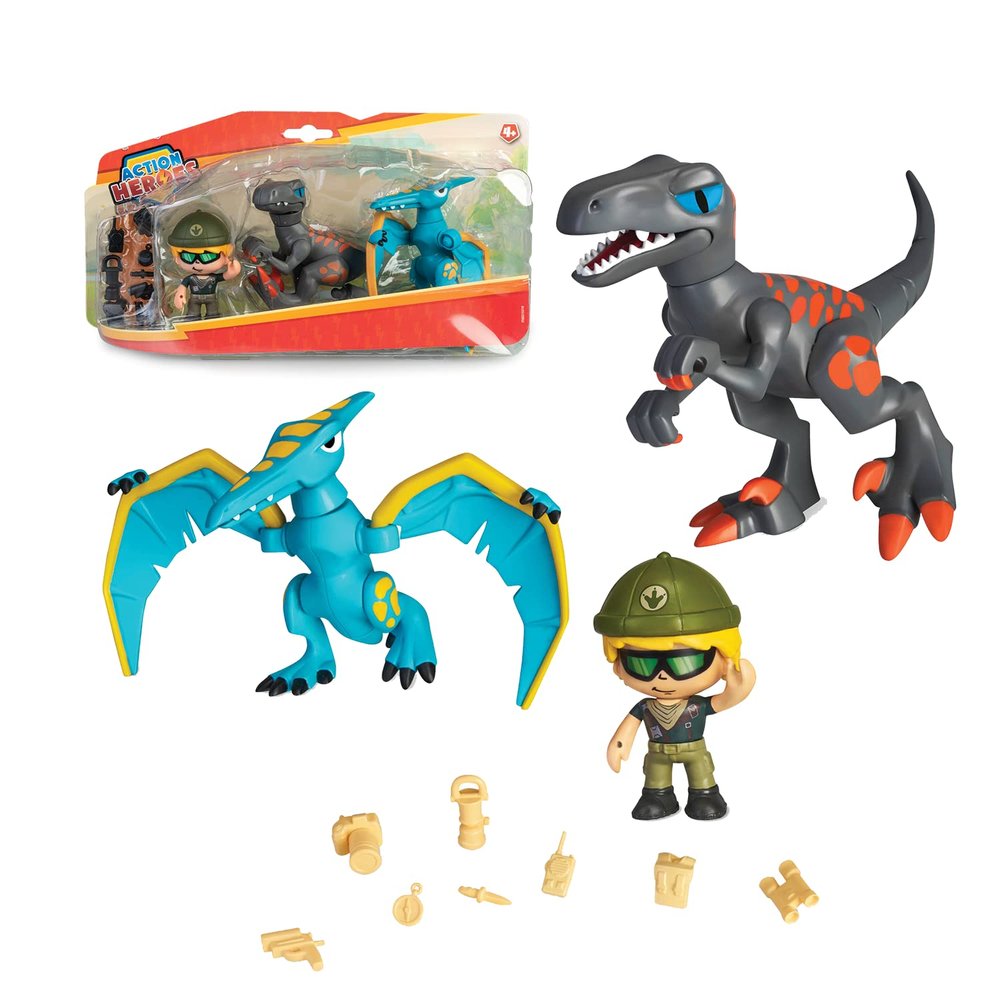 Action Heroes Dino Pack, 2 Dinosaurs, 1 Character, Accessories for Boys and Girls from 4 Years, Famous ACN00010