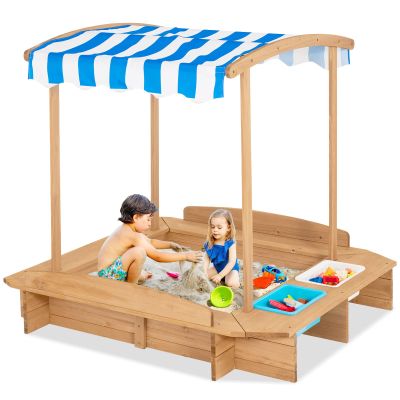 Costzon Kids Wooden Sandbox with Canopy, 50x46in Cedar Cabana Sandpit w/Ground Liner, 2 Toy Storage Boxes, Children Outdoor Playset Station for Backyard, Home, Lawn, Garden, Beach