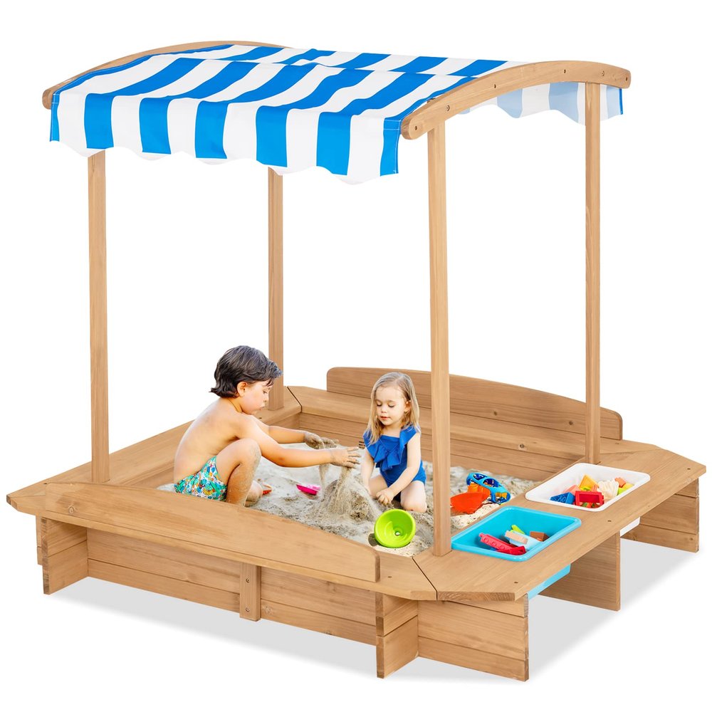 Costzon Kids Wooden Sandbox with Canopy, 50x46in Cedar Cabana Sandpit w/Ground Liner, 2 Toy Storage Boxes, Children Outdoor Playset Station for Backyard, Home, Lawn, Garden, Beach