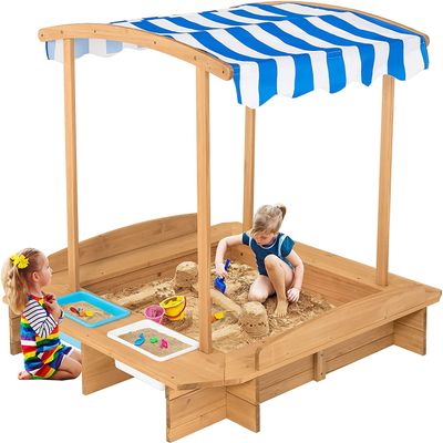 HONEY JOY Kids Sandbox with Canopy, Wooden Bottomless Sand Pit w/Liner, 2 Storage Bins and Striped Canopy, Built in Benches, Outdoor Square Sand Boxes for Kids Backyard
