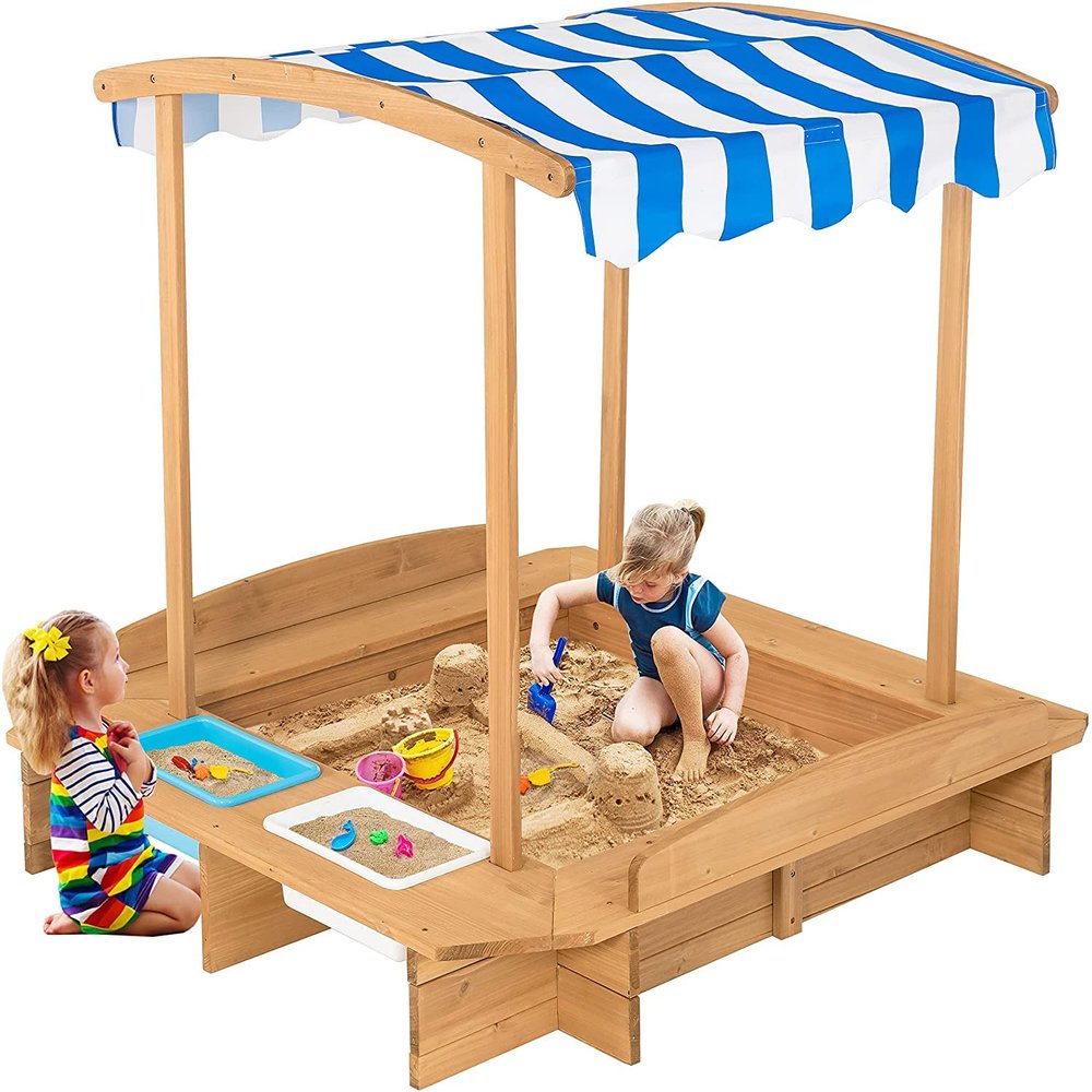HONEY JOY Kids Sandbox with Canopy, Wooden Bottomless Sand Pit w/Liner, 2 Storage Bins and Striped Canopy, Built in Benches, Outdoor Square Sand Boxes for Kids Backyard
