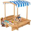 HONEY JOY Kids Sandbox with Canopy, Wooden Bottomless Sand Pit w/Liner, 2 Storage Bins and Striped Canopy, Built in Benches, Outdoor Square Sand Boxes for Kids Backyard view 1