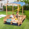 HONEY JOY Kids Sandbox with Canopy, Wooden Bottomless Sand Pit w/Liner, 2 Storage Bins and Striped Canopy, Built in Benches, Outdoor Square Sand Boxes for Kids Backyard view 4