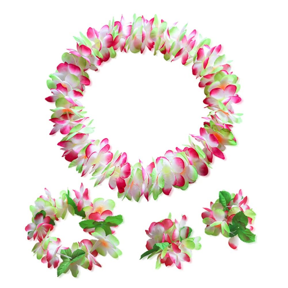 BESTOYARD Flower Necklace 4 Pcs Hawaiian Luau Flower Leis Necklace Bracelets Headband Set Tropical Luau Party Supplies for Hawaii Birthday Party Favors Beach Theme Party Decor Green Hawaiian Leis