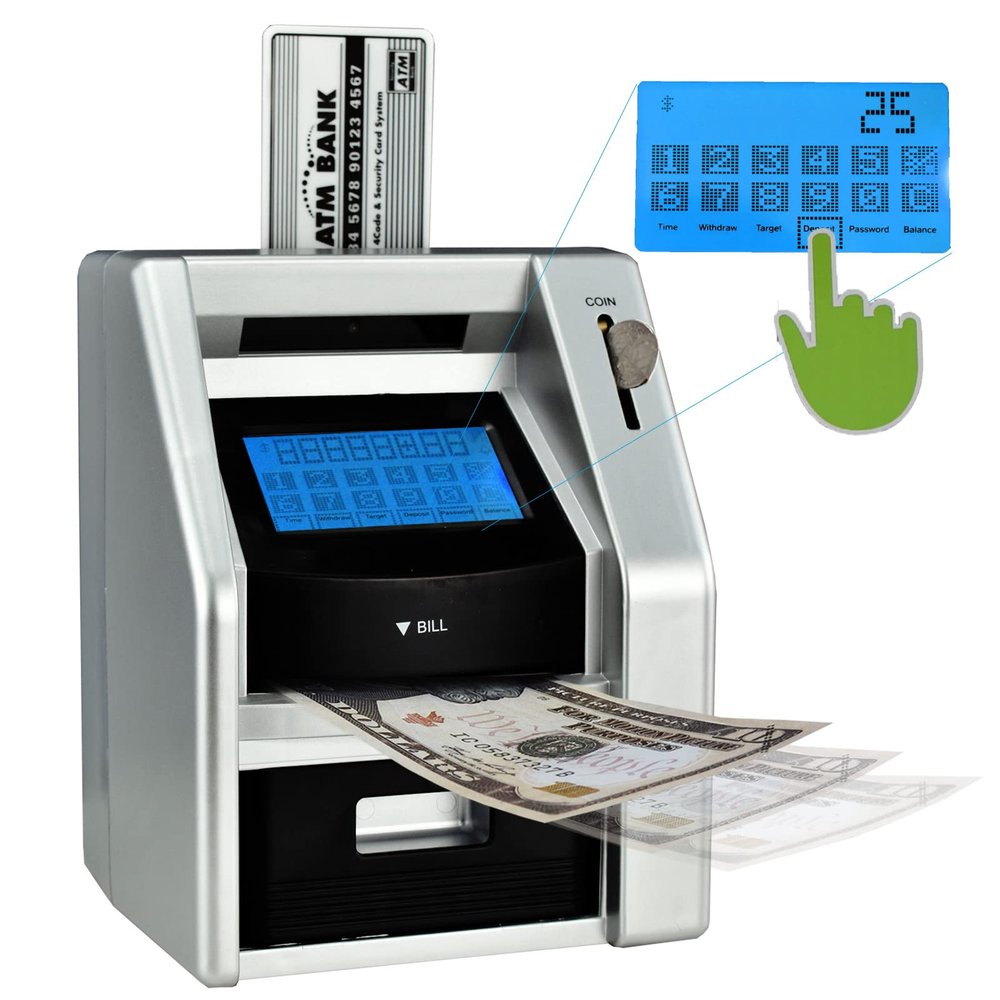 ATMBnk Touchscreen ATM Piggy Bank for Kids, Electronic Money Bank with Coin Counter, Card & Password, Backlit Display Compact Savings Toy Gift for Boys & Girls Ages 612 (Black/Silver)