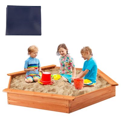 Costzon Sandbox, 73" x 64" Hexagon Sand Pit w/Natural Cedar Wood, Seat Boards, Oxford Cover and Ground Liner for 4-6 Children to Play Outdoors, Backyard, Lawn, Beach, Kids Sandbox with Cover