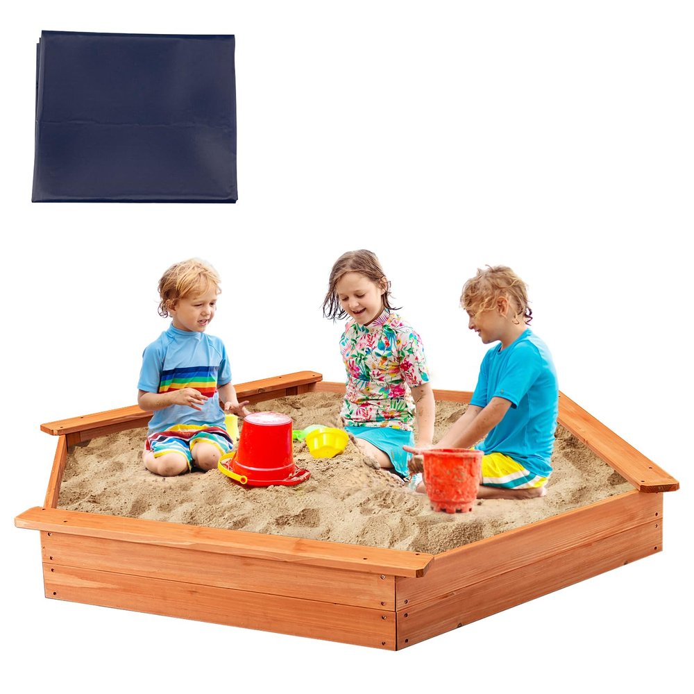 Costzon Sandbox, 73" x 64" Hexagon Sand Pit w/Natural Cedar Wood, Seat Boards, Oxford Cover and Ground Liner for 4-6 Children to Play Outdoors, Backyard, Lawn, Beach, Kids Sandbox with Cover
