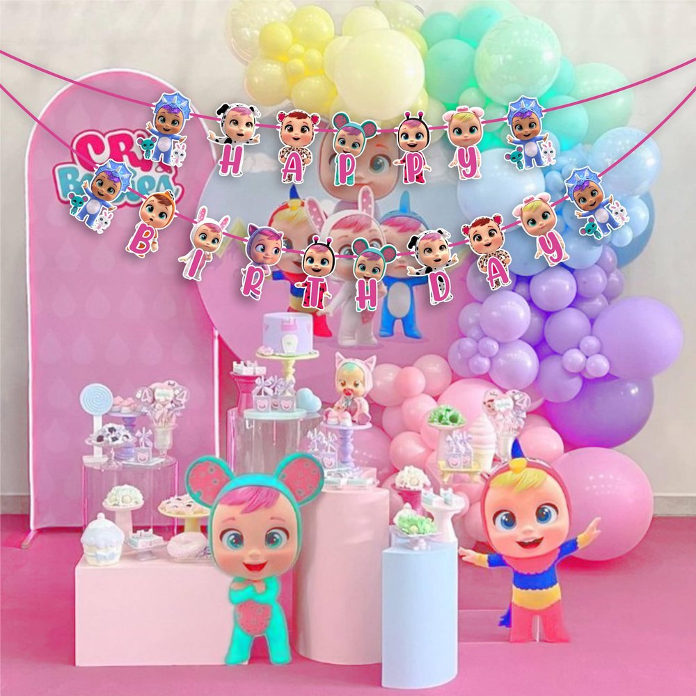 "Cri Babes Happy Birthday Banner Cute Baby Doll Cartoon Theme Party Decoration Colorful Hanging Banner for Girls and Boys Birthday Celebrations, Baby Showers, and Themed Parties"