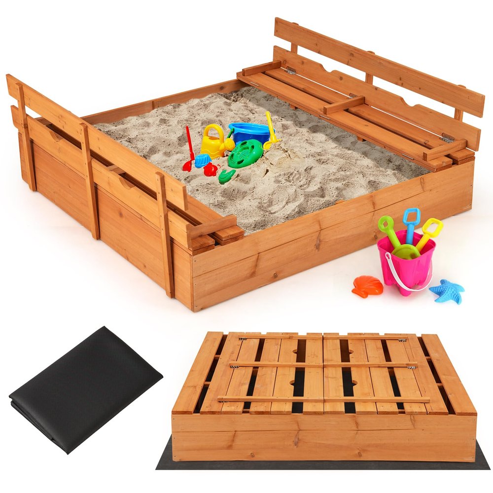 HONEY JOY Sandbox with Cover, 47x47 in Cedar Bottomless Sandpit for Backyard Deck Patio Lawn, 2 Foldable Bench for Sand Protection, Square Wooden Sand Boxes for Kids Outdoor with Lid
