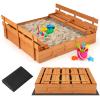HONEY JOY Sandbox with Cover, 47x47 in Cedar Bottomless Sandpit for Backyard Deck Patio Lawn, 2 Foldable Bench for Sand Protection, Square Wooden Sand Boxes for Kids Outdoor with Lid view 1