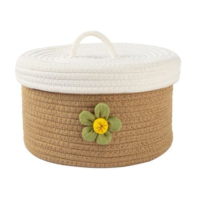 Cotton Rope Basket with Lid Small Woven Storage Baskets Decorative Hamper Nursery Covered Storage Bin Desktop Organizer for Shelves Kids Toy S