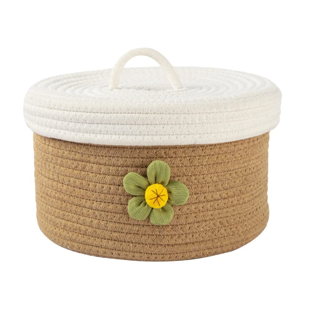 Cotton Rope Basket with Lid Small Woven Storage Baskets Decorative Hamper Nursery Covered Storage Bin Desktop Organizer for Shelves Kids Toy S