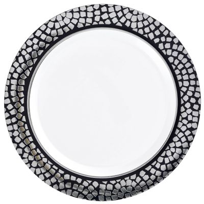 Amscan Black with Silver Mosaic Border Plastic Plates - 7.5" - Durable & Stylish Disposable Dinnerware, Perfect For Weddings & Special Events - Pack Of 20