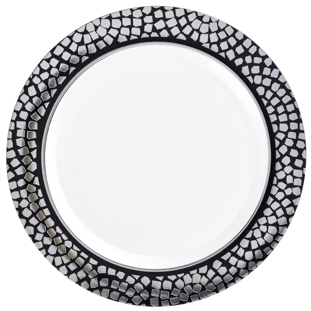 Amscan Black with Silver Mosaic Border Plastic Plates - 7.5" - Durable & Stylish Disposable Dinnerware, Perfect For Weddings & Special Events - Pack Of 20