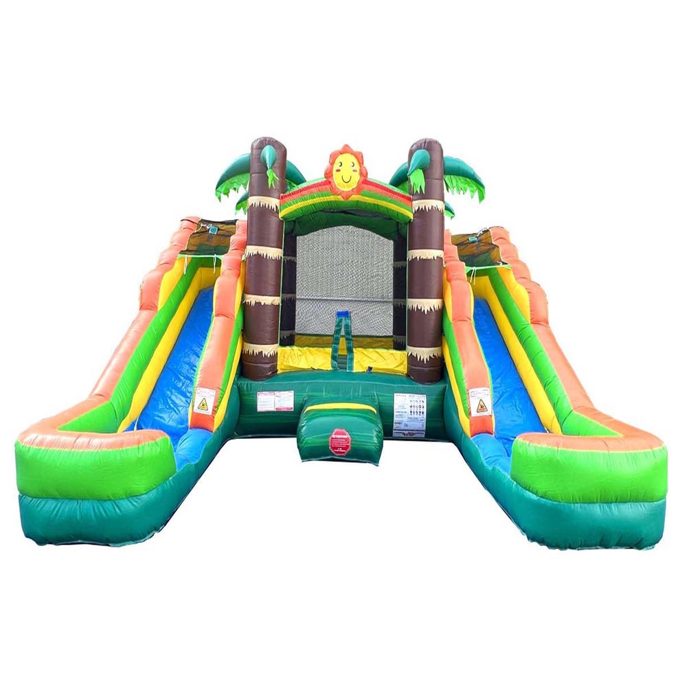 Crossover Tropical Double Water Slide Bounce House Combo, 16.5 x 15 x 11 Foot, PVC Vinyl Inflatable Bouncy House for Kids, Wet or Dry Slides, with Stakes and Storage Bag, Blower not Included