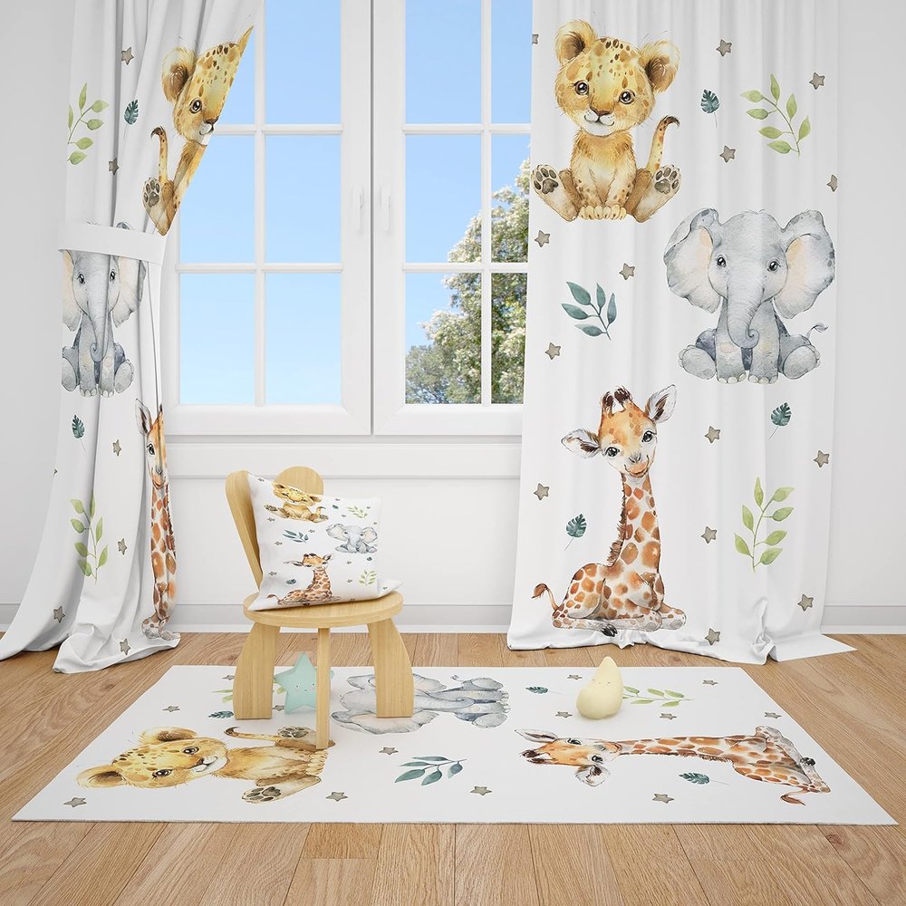 Baby Safari Animals Baby Boy Room Curtain Nursery Curtains Window Curtains (Pair of - 51" x 63")