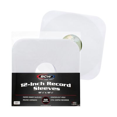 BCW 12 Inch Vinyl Record Paper Inner Sleeves - Round Corners - White | Pack of 50 | Protective LP Album Sleeves for Vinyl Storage and Preservation | Compatible with 33 RPM Albums