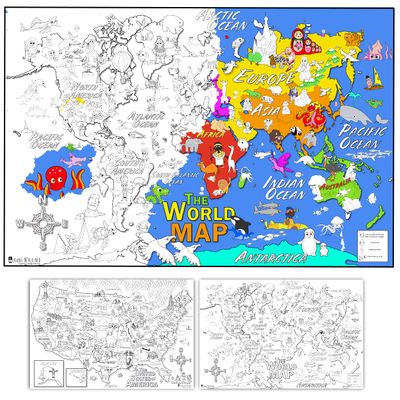 2 XL Giant Coloring Page maps of USA and World Poster Activities for Kids (42x60) Young N Refined