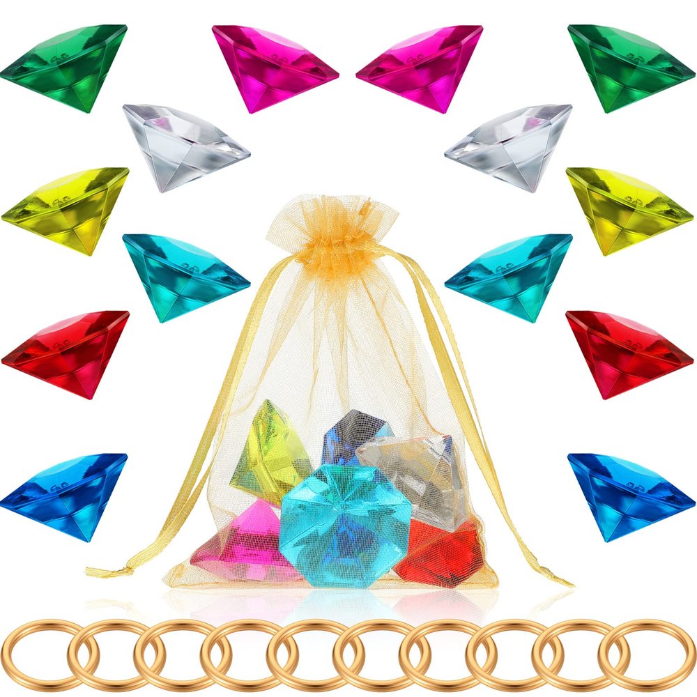 Chalyna 25 Pcs Acrylic Diamond Gem Jewelry Alloy Gold Round Ring Set Halloween Party Favor Pirate Treasure Hunting Cake Decor with Gift Bag for Birthday Party Supplies(Elegant Style,Gold)