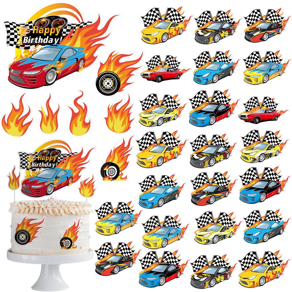 55 Pcs Race Car Cupcake Toppers Hot Happy Birthday Cake Wheels Toppers Checkered Flag Fire Car Theme Party Decoration for Boy Girl DIY Decorations