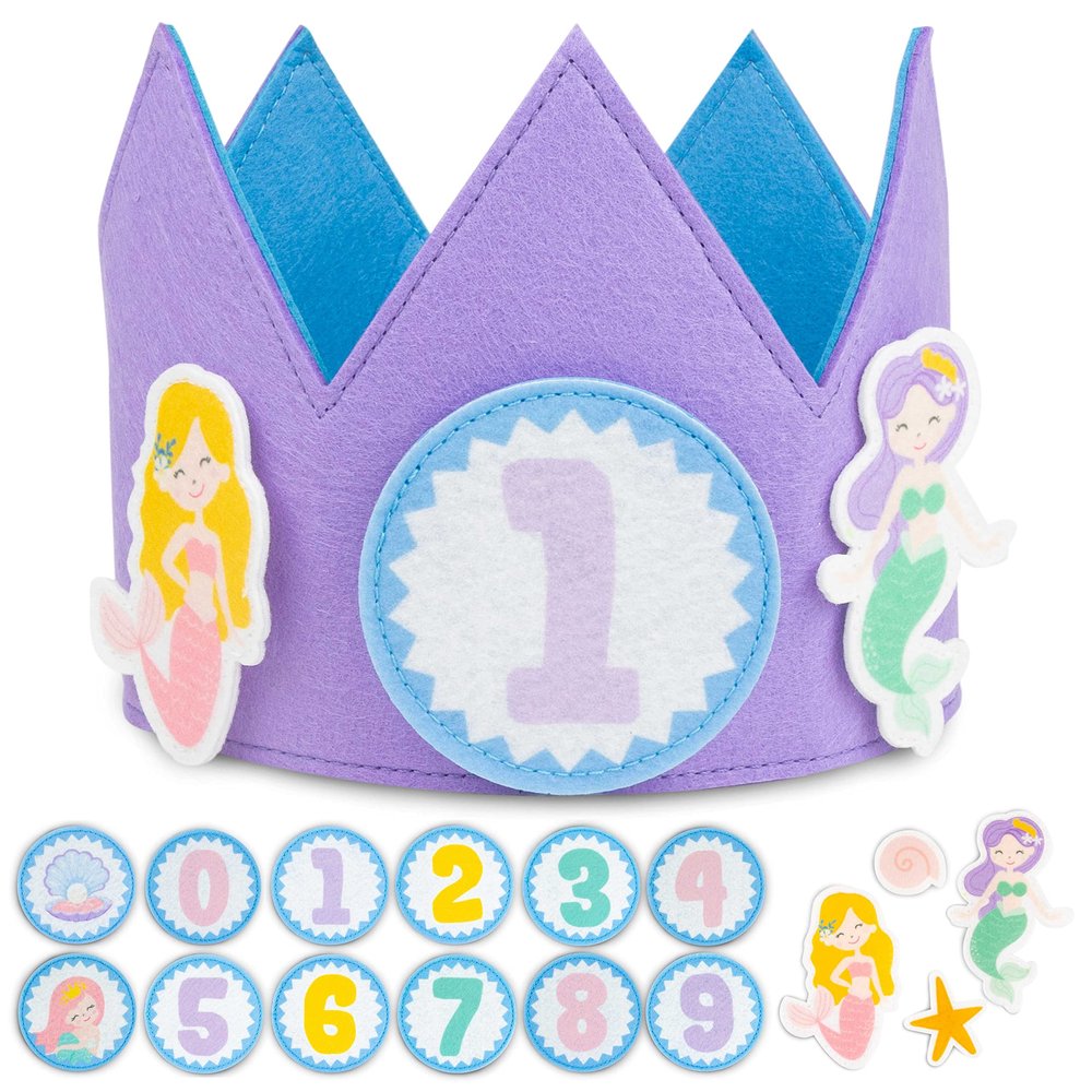 BONNYCO Mermaid Birthday Crown with Interchangeable Numbers from 0 to 9 and Themed Figures. First Gifts for Girls, 1st Birthday Crown Girl. One Baby Hat, Mermaid Gifts for Kids Party, Carnival