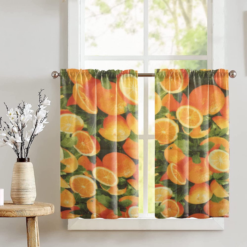 Zen Creative Designs Fruits Print Cafe Curtain Tier Window Valance 2 Piece Set Home Dcor Bedroom Nursery Kitchen Window (Oranges)
