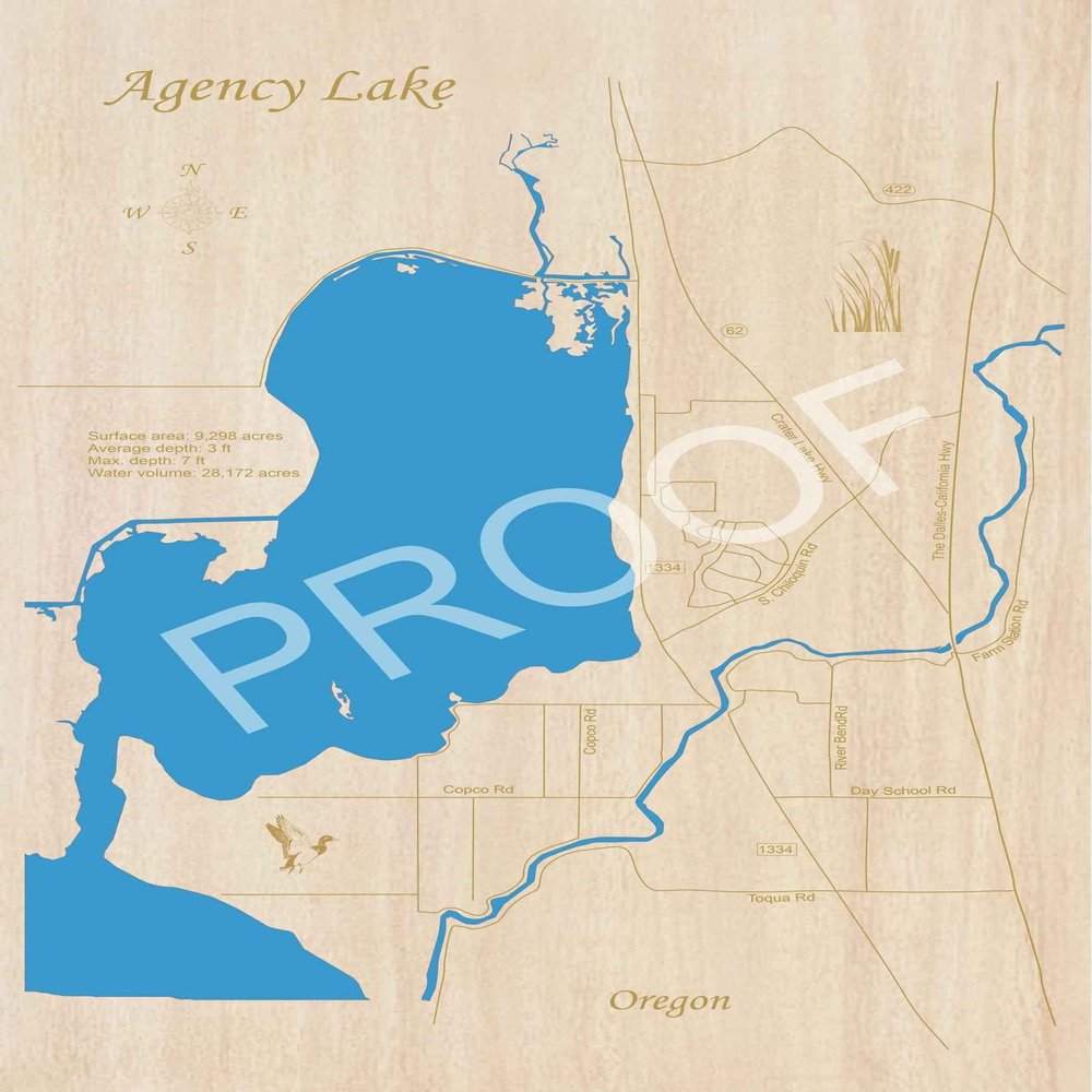 Agency Lake Oregon: Framed Wood Laser Engraved Map | Custom Text Included | Wood Sign | Wall Hanging| Nautical Art | 2D Wood Map | Wall Art | Made to Order 18" x 27"