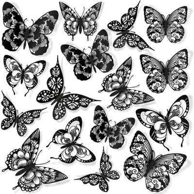 Amaonm 3D Butterfly Wall Decor 60pcs 5 Styles 3 Sizes Butterflies Wall Sticker Removable DIY Hollow PVC Butterfly Wall Decals for Kids Baby Bedroom Girls Child Teens Nursery Classroom Living Room Bathroom Wedding Birthday Cake Party Decoration (Black