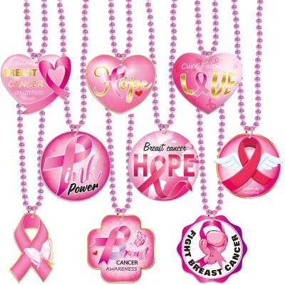 Omgouue 18pcs Breast Cancer Awareness Pink Ribbon Bead Pendant Necklace for Party Costume Accessories Pink Party Decor