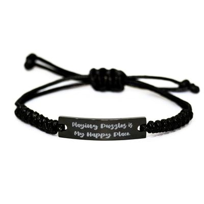 Game On Novelties Playing Puzzles is My Happy Place. Black Rope Bracelet, Puzzles Present from, Beautiful Engraved Bracelet for Friends