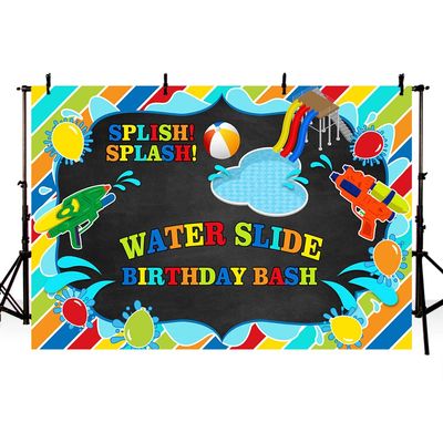 MEHOFOND Boy Water Slide Birthday Bash Backdrop Splish Splash Chalkboard Party Summer Swimming Pool Balls Water Gun Background Photography Photo Booth Banner for Cake Table Supplies 8x6ft