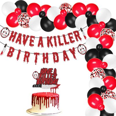 Killer Birthday Party Decorations Kit - Banner, Cake Topper, Balloons for Scary Movie, Halloween Horror Themed Party
