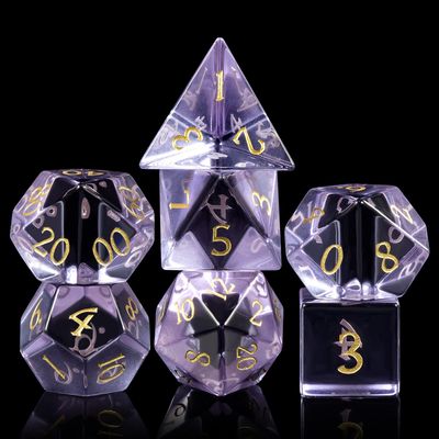 D&D Dice DNDND 7 Piece Zircon Glass Dice Set with Great Gift Box for Dungeons and Dragon DND Tabletop Game (Purple Glass with Gold Num)