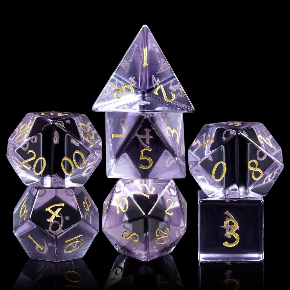 D&D Dice DNDND 7 Piece Zircon Glass Dice Set with Great Gift Box for Dungeons and Dragon DND Tabletop Game (Purple Glass with Gold Num)