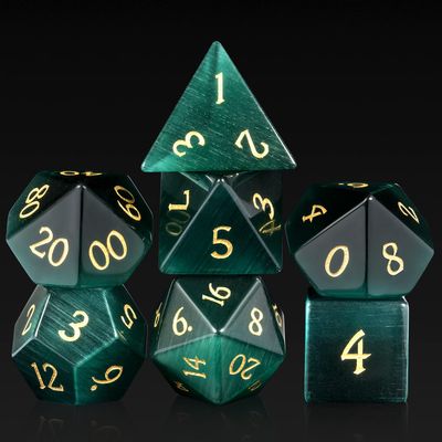 DNDND Cat's Eye Gemstone Dice, 7 PCS Green Stone Dice with Gorgeous Gift Case for DND Dungeons and Dragon Tabletop Game (Green Cat's Eye)