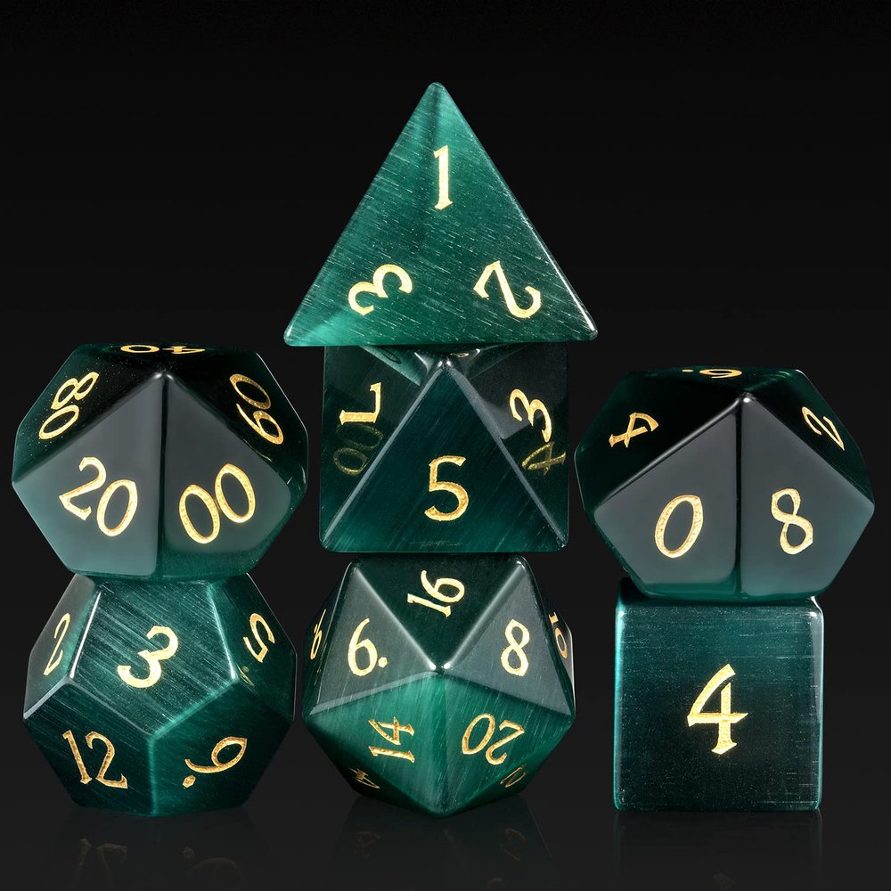 DNDND Cat's Eye Gemstone Dice, 7 PCS Green Stone Dice with Gorgeous Gift Case for DND Dungeons and Dragon Tabletop Game (Green Cat's Eye)