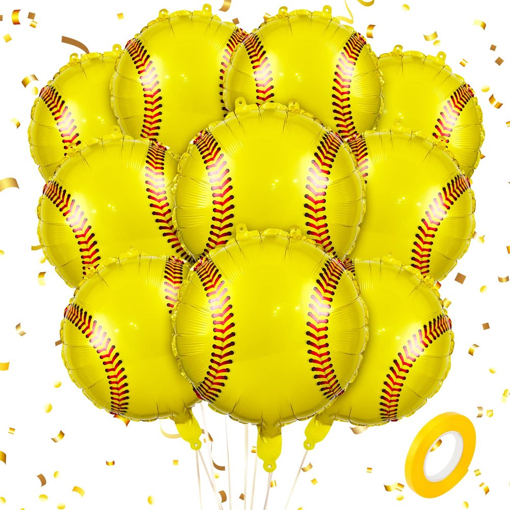10 Pieces Softball Balloons Decorations, 18 Inches Foil Balloons for Sports Themed Birthday Party Supplies, Girls Kids Teens Baby Shower Decoration