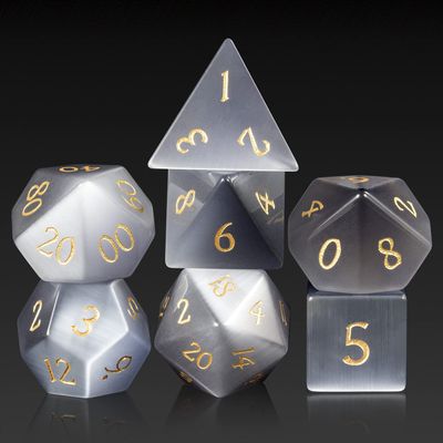DNDND Cat's Eye Gemstone Dice Set 7 PCS Crystal DND Dice with Gorgeous Gift Case for Dungeons and Dragon D&D Tabletop Game (Grey Cat's Eye)