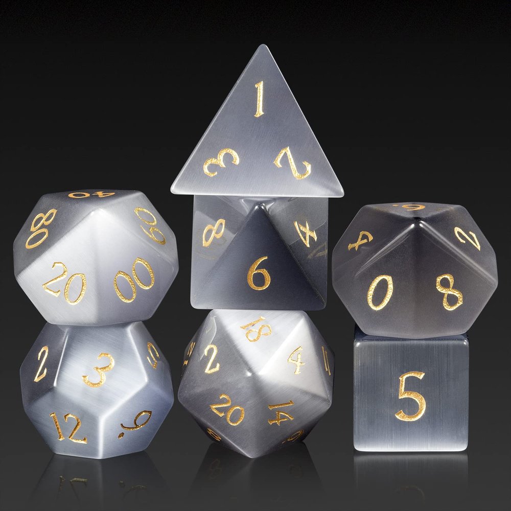 DNDND Cat's Eye Gemstone Dice Set 7 PCS Crystal DND Dice with Gorgeous Gift Case for Dungeons and Dragon D&D Tabletop Game (Grey Cat's Eye)