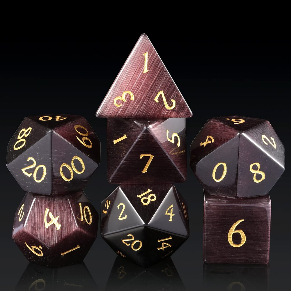 Gemstone D&D Dice DNDND 7 PCS Purple Cat's Eye Dice with Gorgeous Gift Case for DND Dungeons and Dragon Table Game (Purple Cat's Eye)