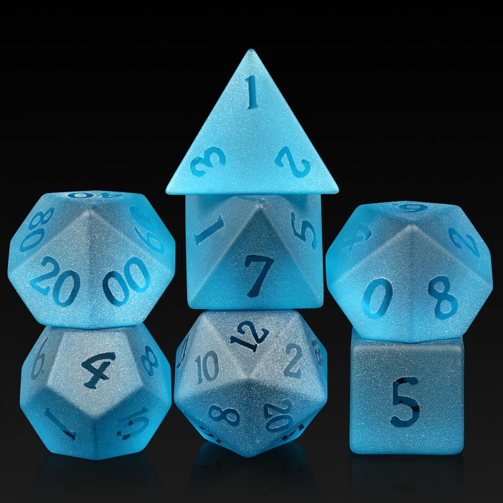 Glass DND Dice, DNDND 7 Piece Dark Blue Glass Dice Set with Great Gift Box for Dungeons and Dragon DND Tabletop Game (Blue)