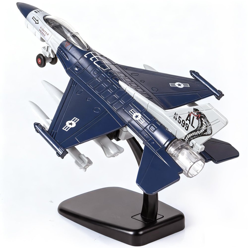 Fighter Jet, Diecast Metal Pull Back Airplane Toy with Flashing Lights and Sounds, Military Plane Model for 3-12 Years Old Boys Birthday (Holder Included)