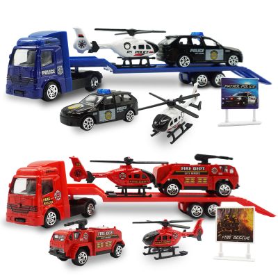 OTONOPI Toy Vehicle Push and Go Rescue Playset Diecast Mini Police Car Fire Engine Truck and Helicopter Toy in Semi Carrier Truck Gift for Toddlers Kids Boys
