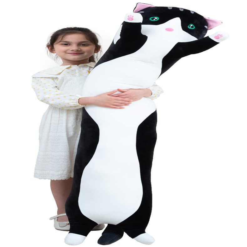 Giant Cat Pillow Plush Cartoon Kitty Sleeping Hugging Pillow, Cuddly Soft Long Kitten Body Pillow Doll Cat Cushion Toy for Kids Girlfriend (Black, 150cm/59inch)