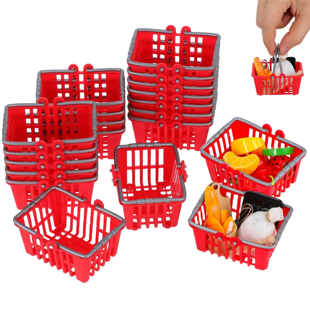 Toddmomy 20 pcs mini Shopping Baskets: mini red Plastic Shopping carts Grocery Baskets with Handles for Kids Party Favors Dool House Ornament, Red