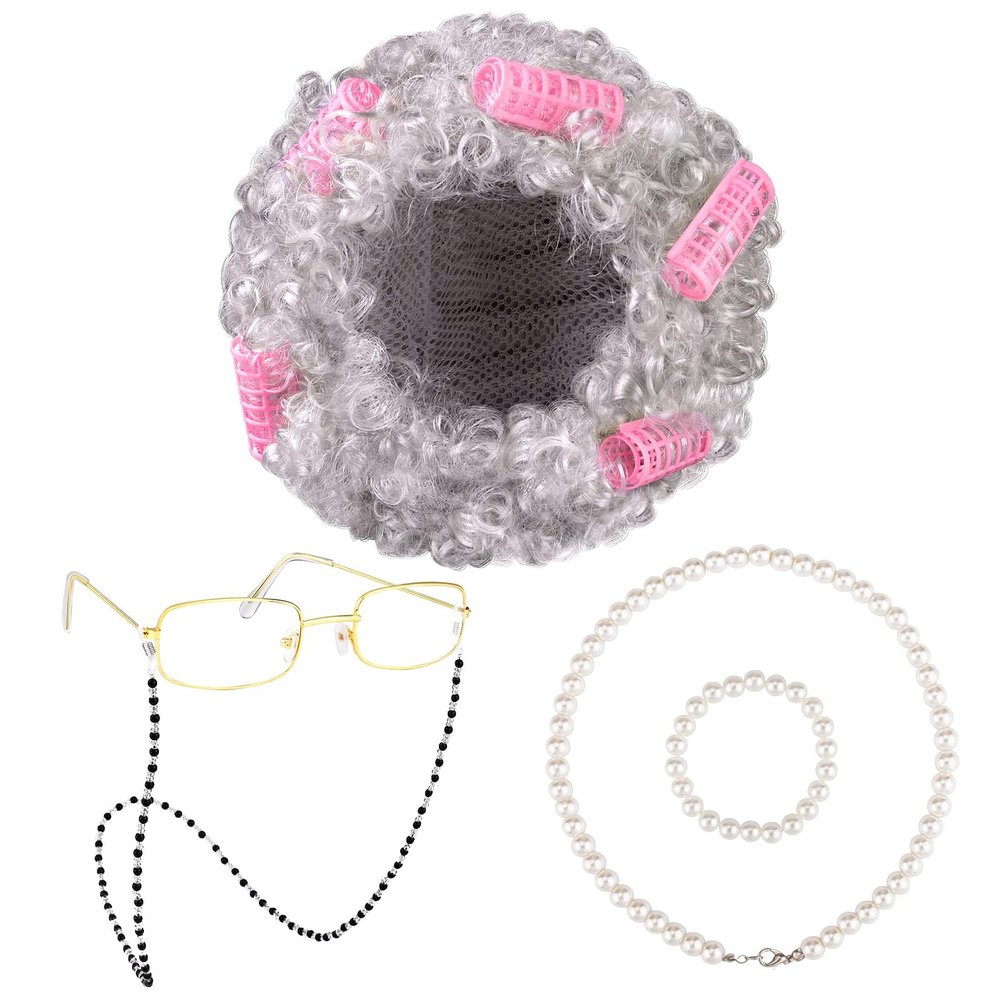 URATOT 5 Pieces Halloween Old Lady Wig Costume Set Grandma Wig Hair Rollers Glasses Chain Necklace Bracelet