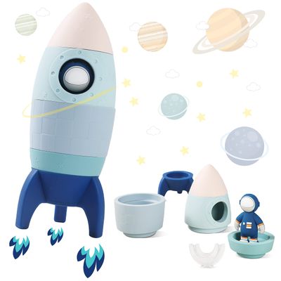 JETMHH Silicone Rocket Stacking Toy - Space Rocket Toy - Baby Teething Toys -Early Learning Stacking Tower Educational Learning Stacking Toys Nesting Toy for Early Educational for Infants (Blue)