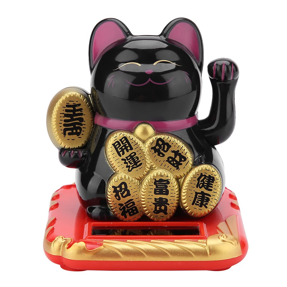 Lucky Cat Waving Arm,Lucky Cat,Solar Powered Waving Arm Fortune Cat, Adorable Waving Beckoning Fortune Lucky Cat Home Car Decor(Black), Lucky Cat,Lucky Cat Waving Arm,Solar Powered Wavinfortune c