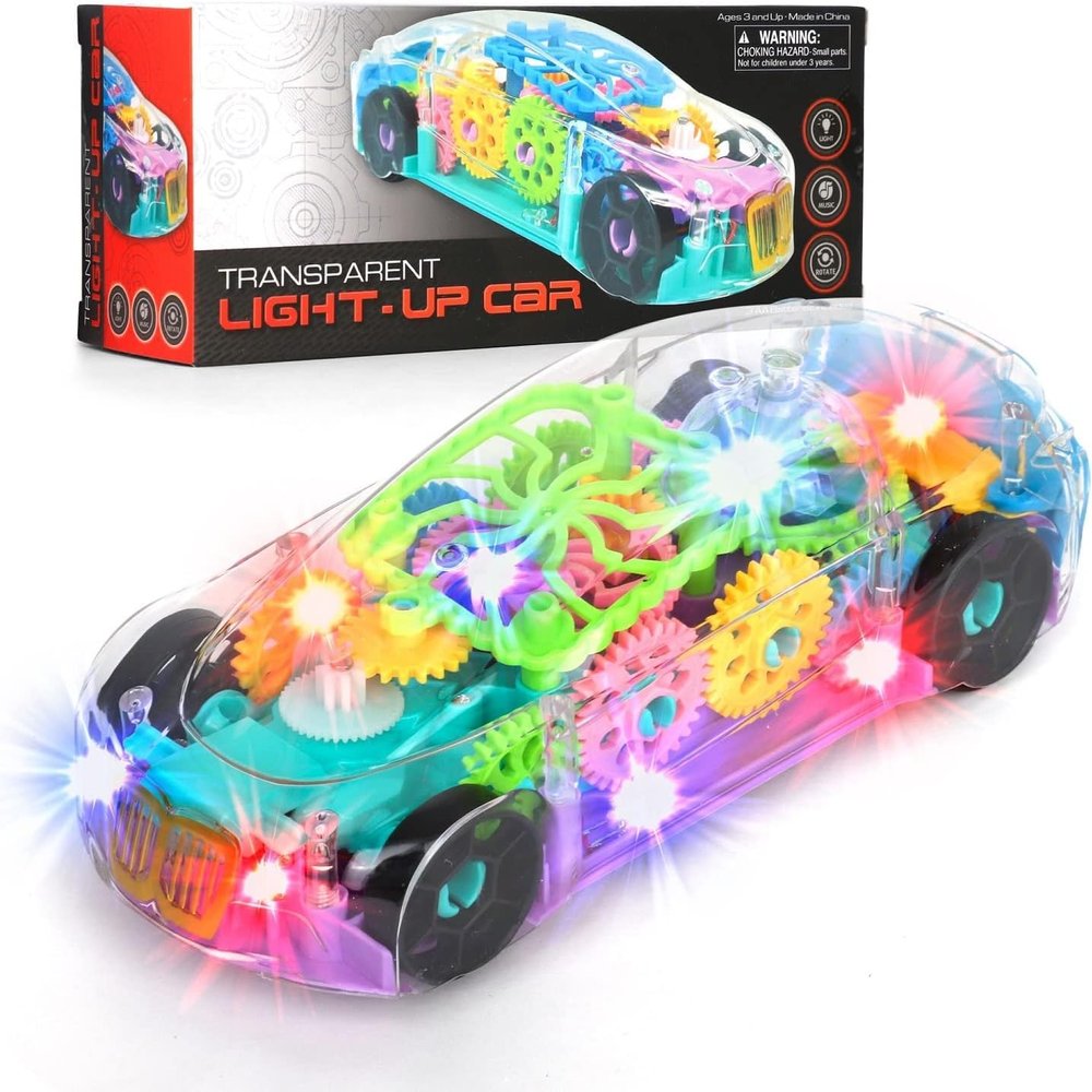 Light up Car, Sensory Transparent Toy for Kids, Toddlers - Bump and Go Racing Car with Moving Gears, Music, & LED Lights Educational Vehicle for Kids with Autism, Special Needs Fun Birthday Gift