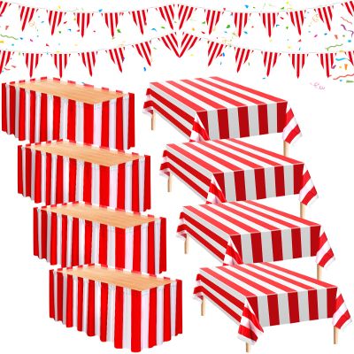Chumia 10 Pcs Carnival Theme Party Decorations Circus Decorations Carnival Table Skirts Carnival Tablecloths Red White Striped Pennant Banners Circus Carnival Bunting Banners for Carnival Circus